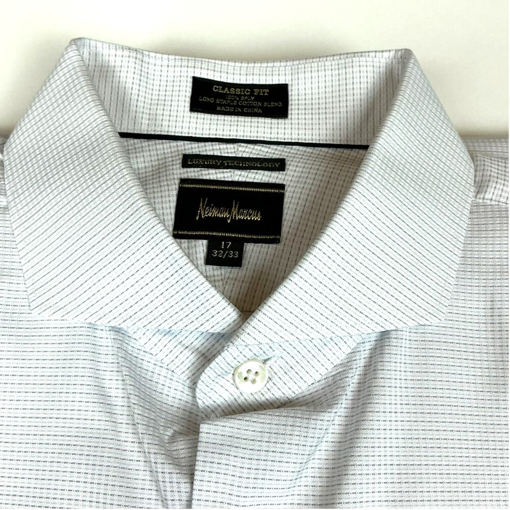 Neiman Marcus Dress Shirt 17-32/33 White Plaid Luxury Tech EUC Long Sleeve